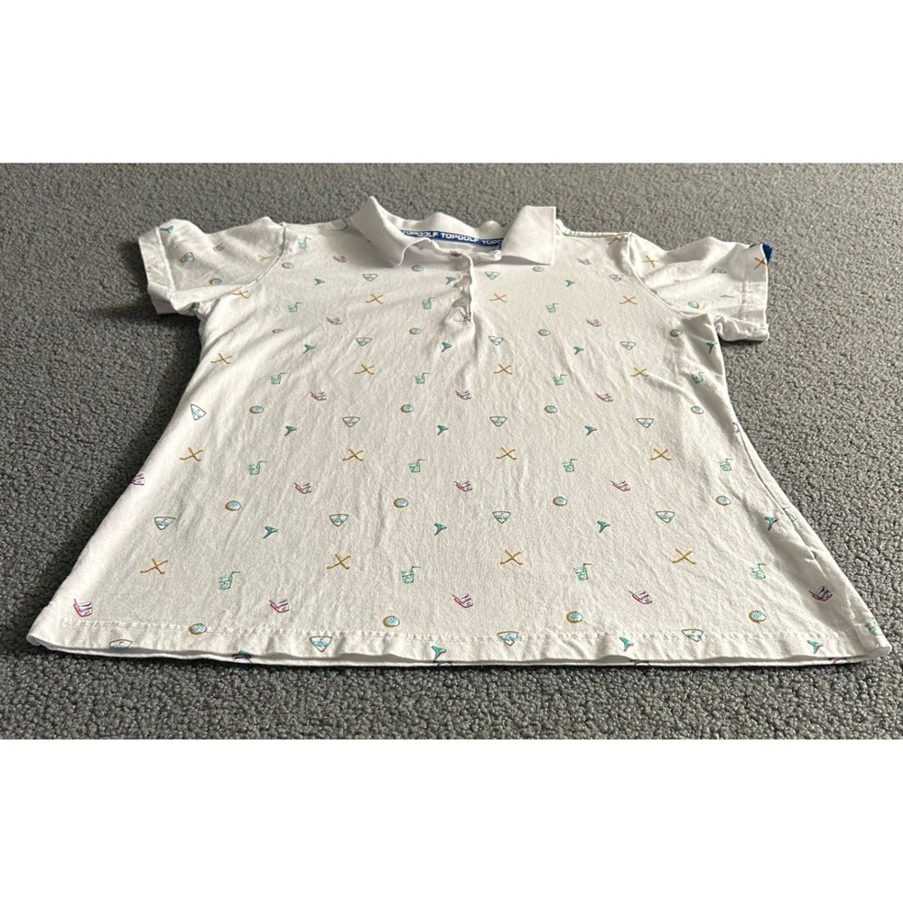 Topgolf Polo Shirt Kids XL White All Over Golf Print Short Sleeve Cotton